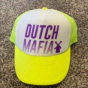 Neon green/yellow Dutch bro’s hat with purple text